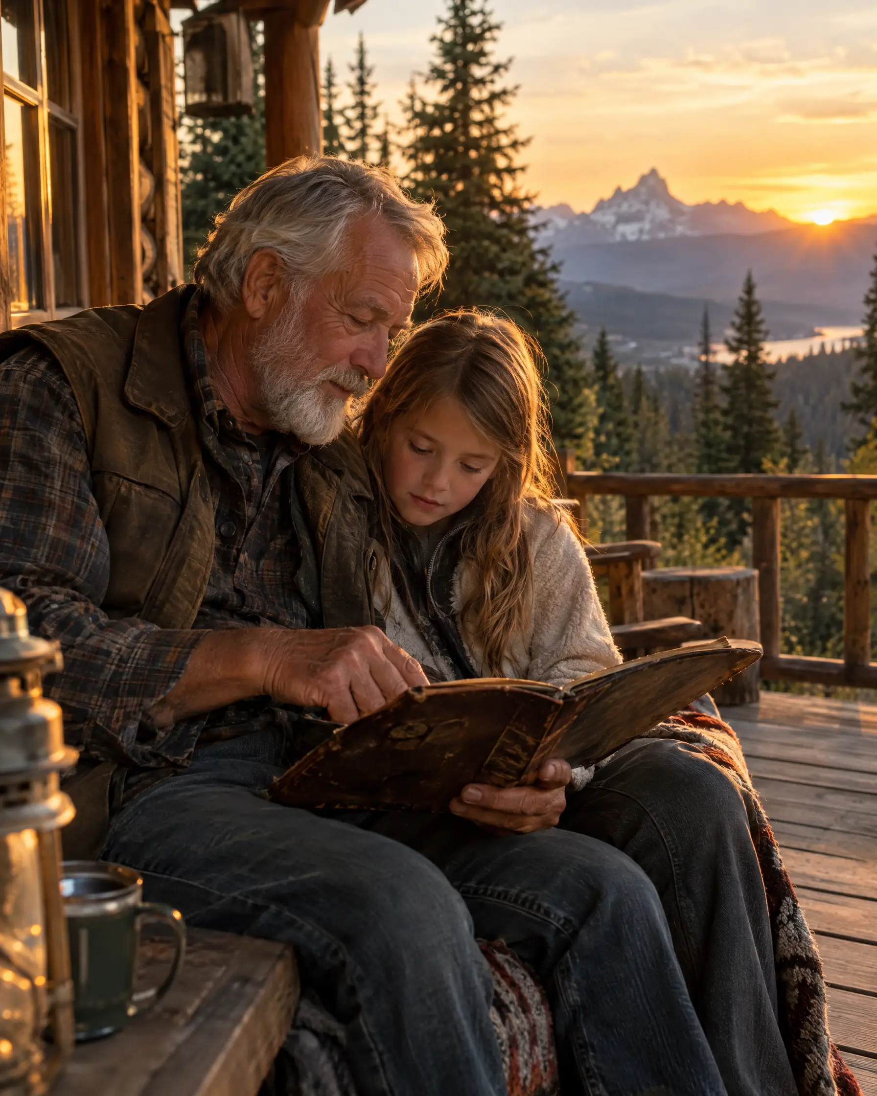 Grandfather and granddaughter on a mountain lodge porch