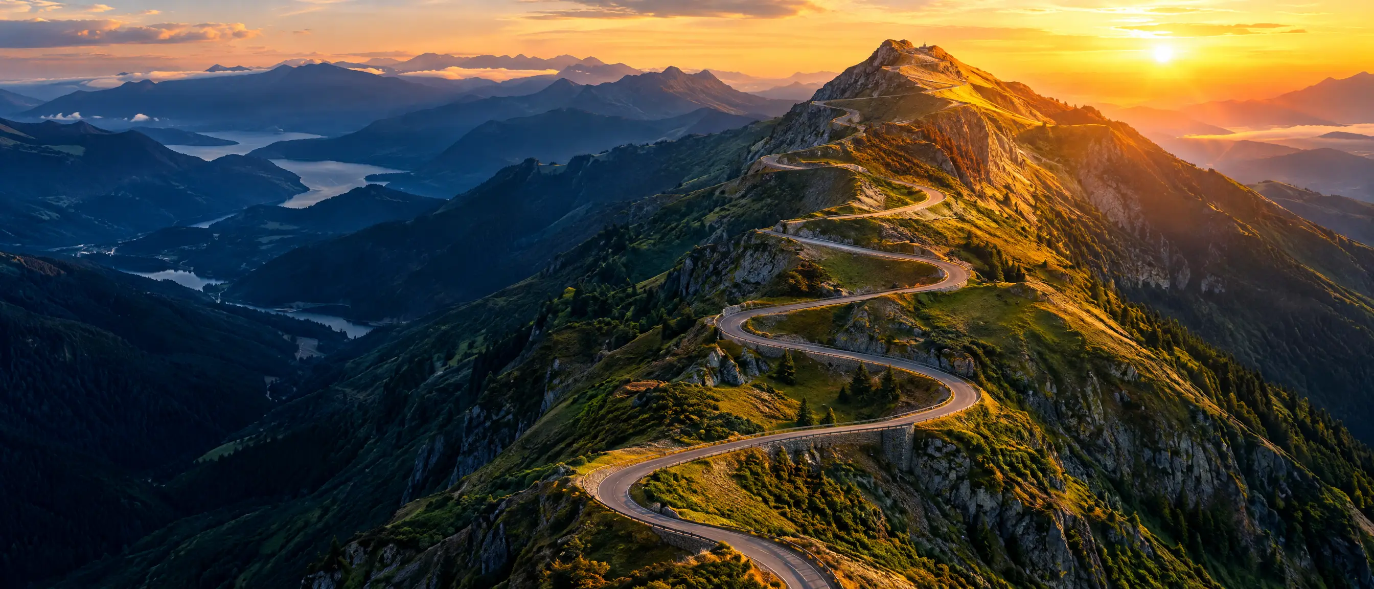 Mountain road climbing toward a summit